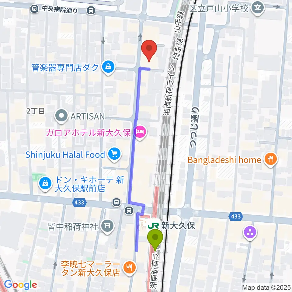 ダ・カーポ デビューの最寄駅新大久保駅からの徒歩ルート（約5分）地図