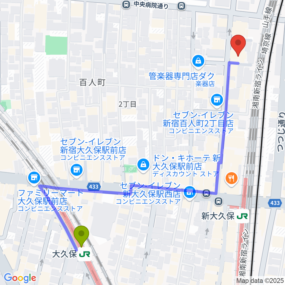 大久保駅からダ・カーポ デビューへのルートマップ地図