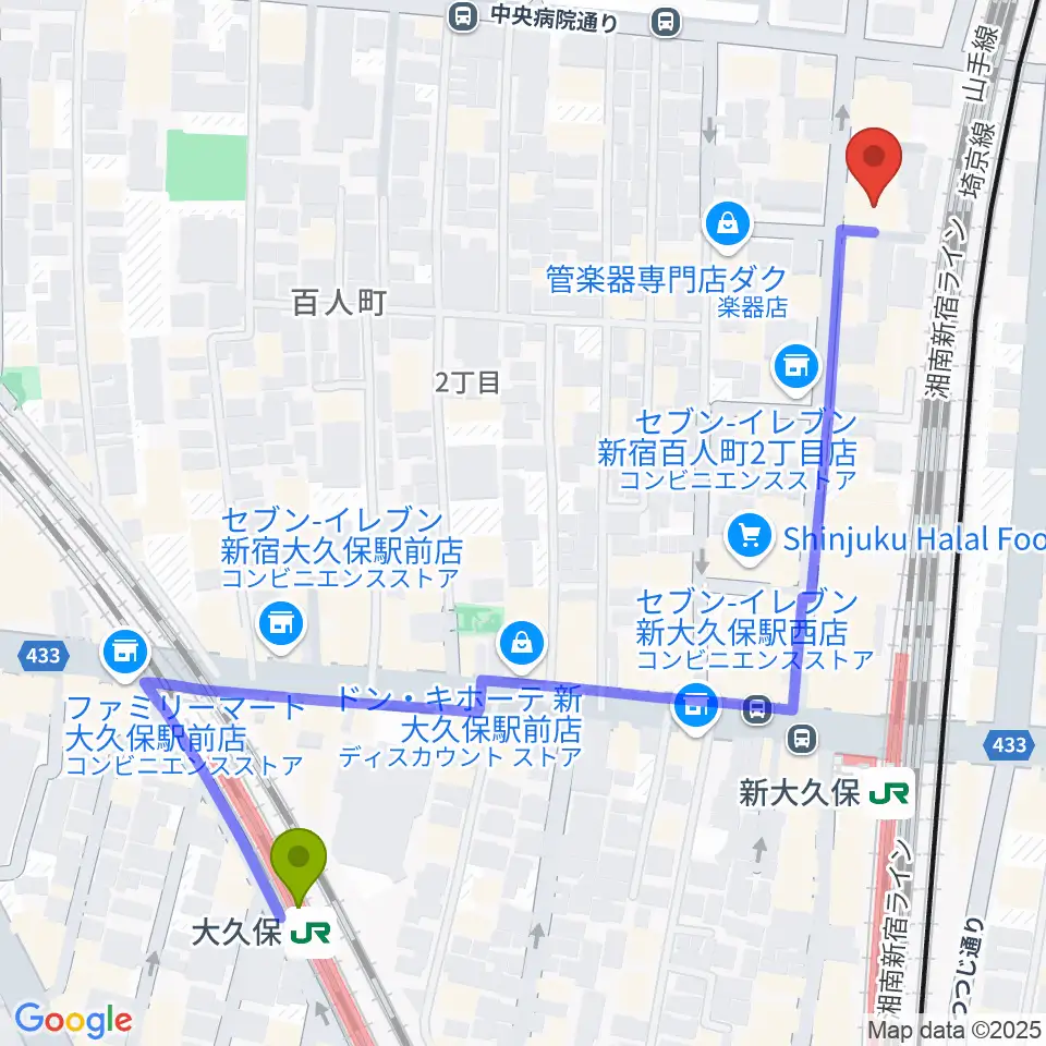 大久保駅からダ・カーポ デビューへのルートマップ地図