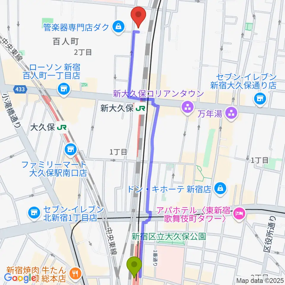 西武新宿駅からダ・カーポ デビューへのルートマップ地図