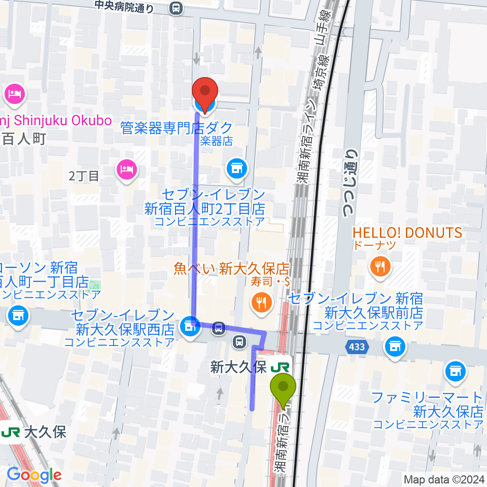 スペースDo(ドゥ)の最寄駅新大久保駅からの徒歩ルート（約5分）地図