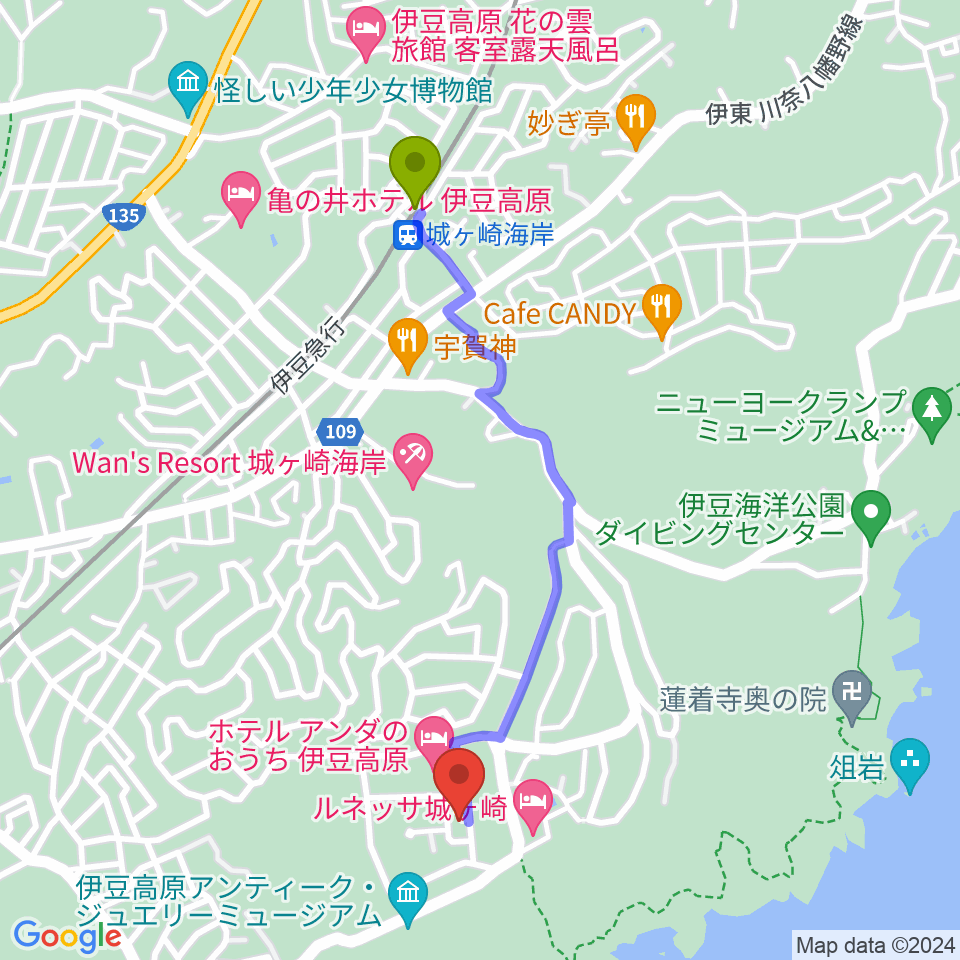 伊豆スタジオの最寄駅城ヶ崎海岸駅からの徒歩ルート（約20分）地図