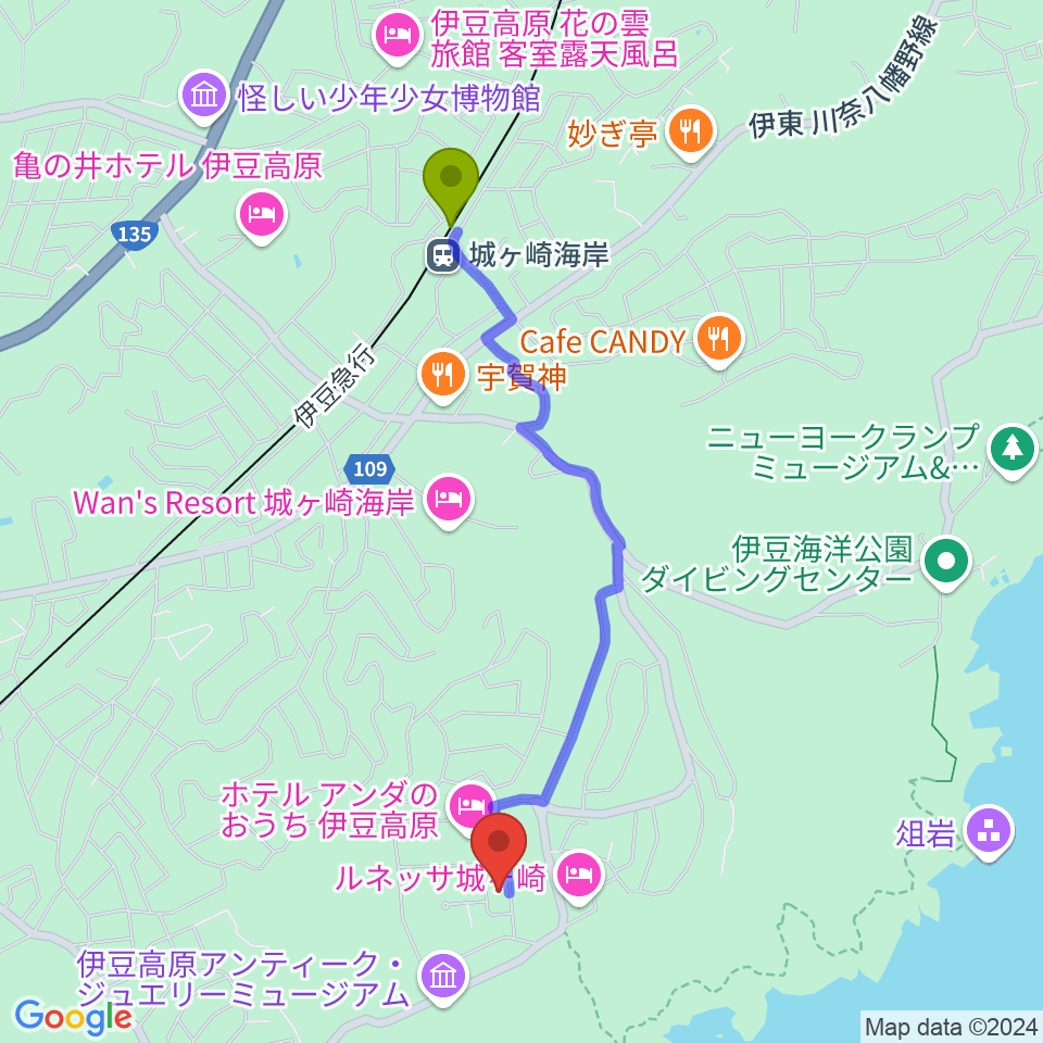 伊豆スタジオの最寄駅城ヶ崎海岸駅からの徒歩ルート（約20分）地図