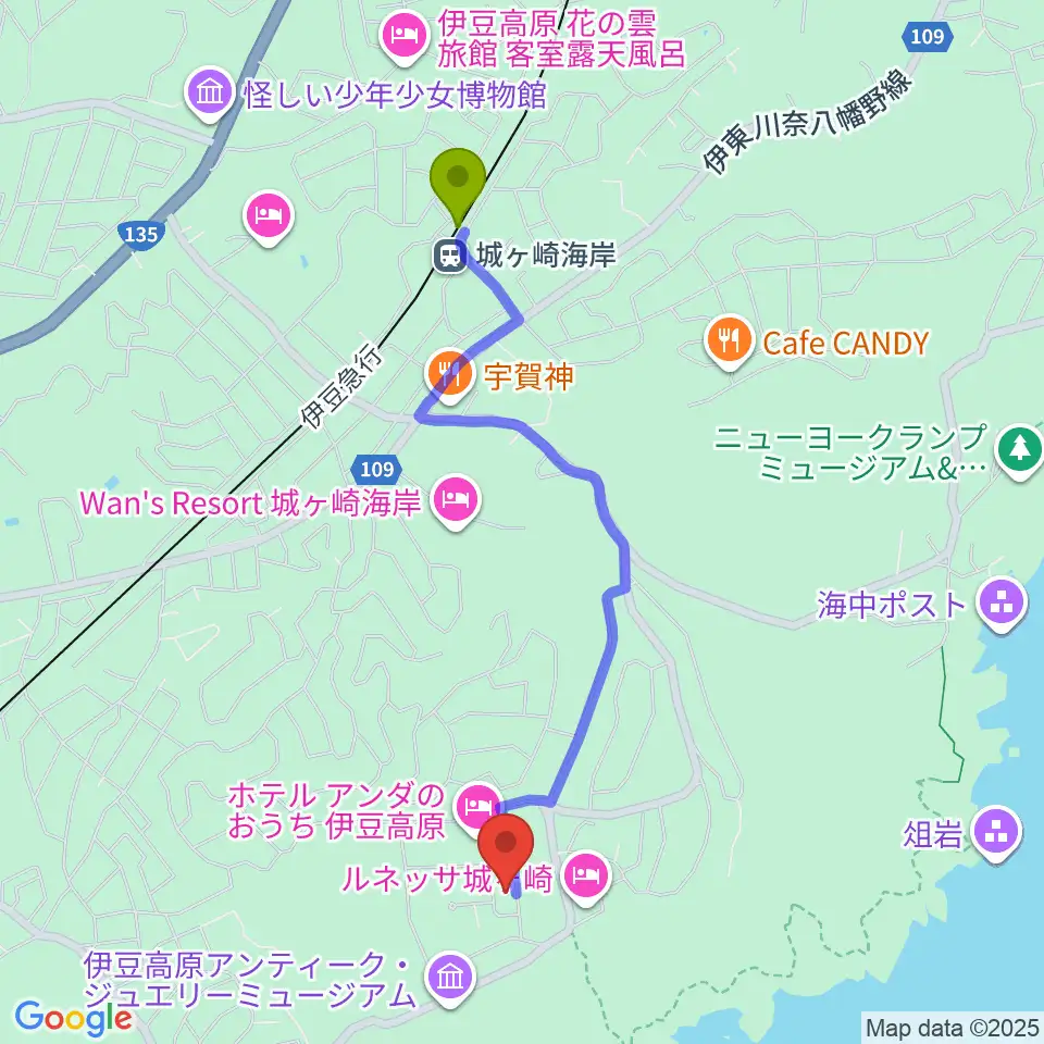 伊豆スタジオの最寄駅城ヶ崎海岸駅からの徒歩ルート（約20分）地図