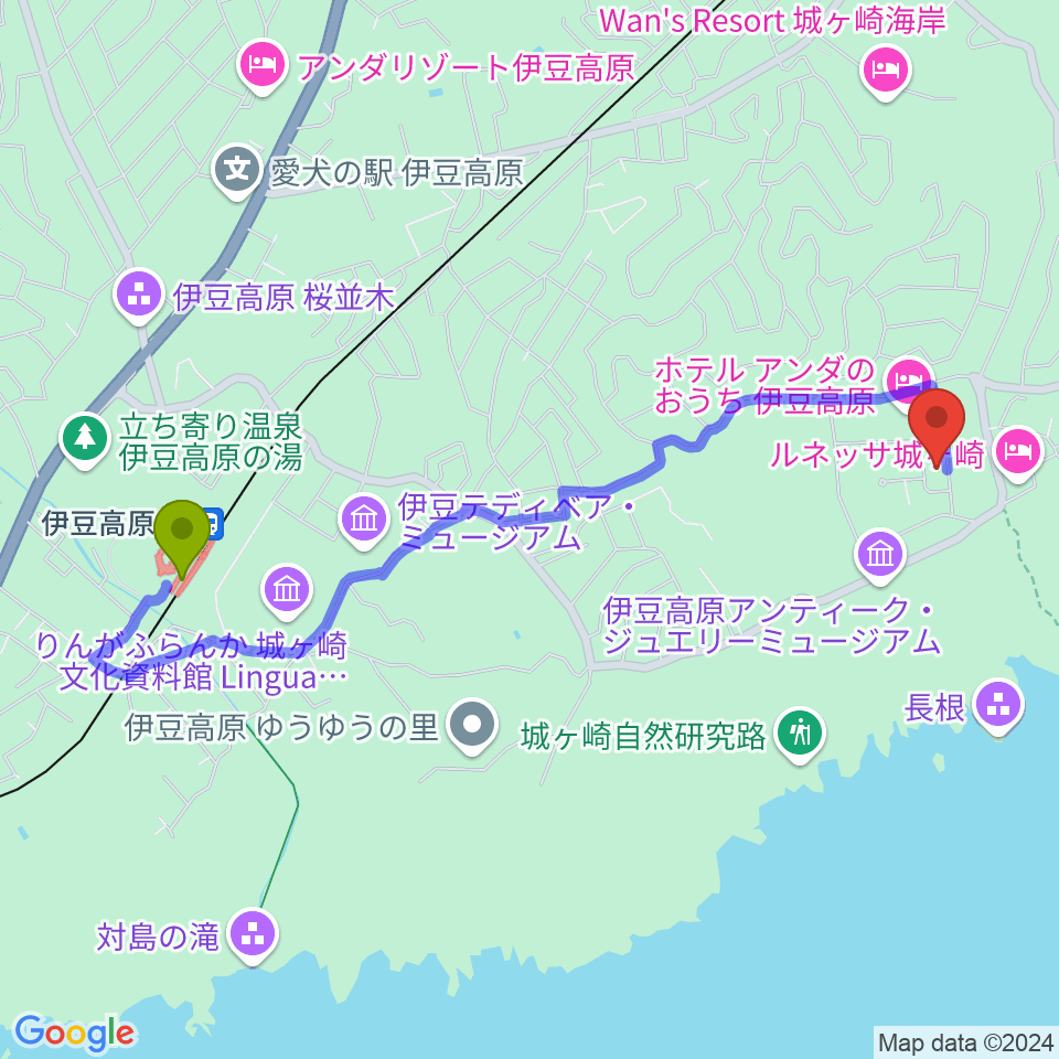 伊豆高原駅から伊豆スタジオへのルートマップ地図