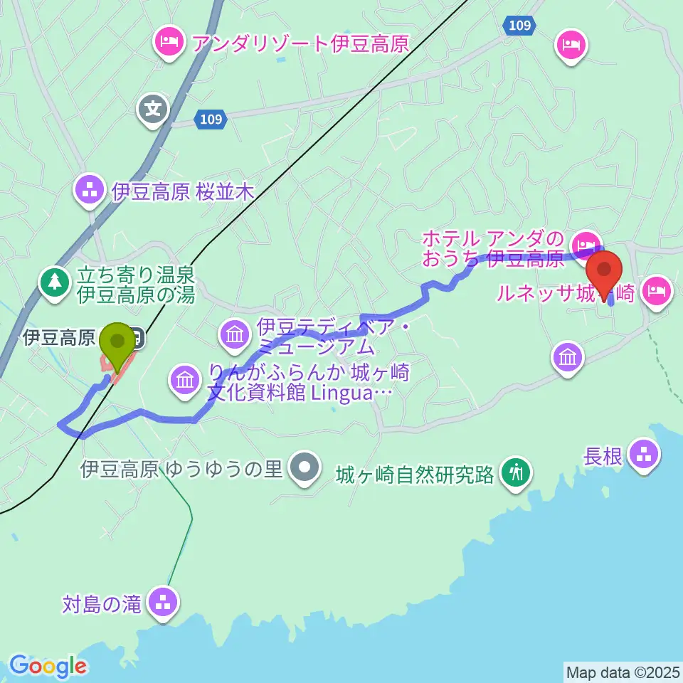 伊豆高原駅から伊豆スタジオへのルートマップ地図
