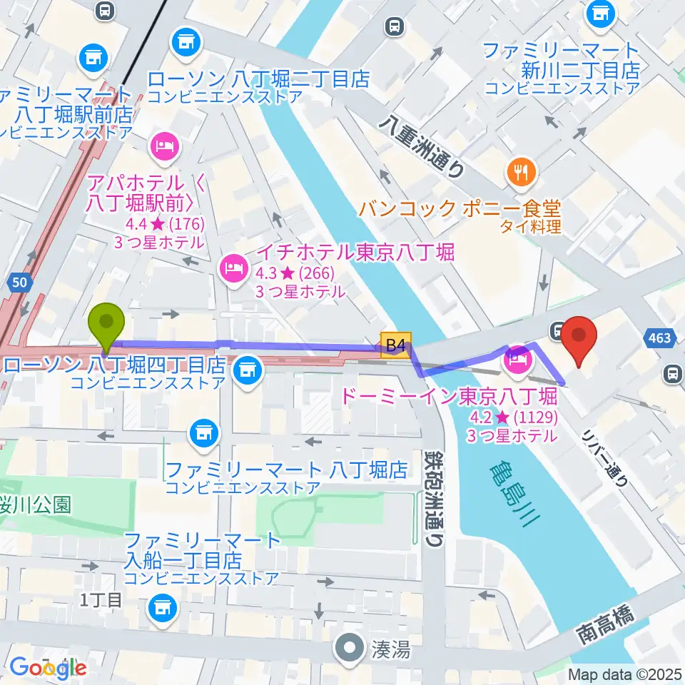 y-music-companyの最寄駅八丁堀駅からの徒歩ルート（約5分）地図