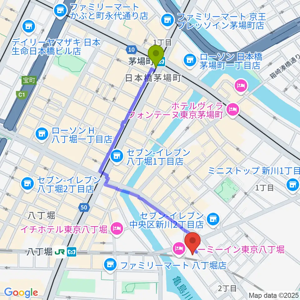 茅場町駅からy-music-companyへのルートマップ地図