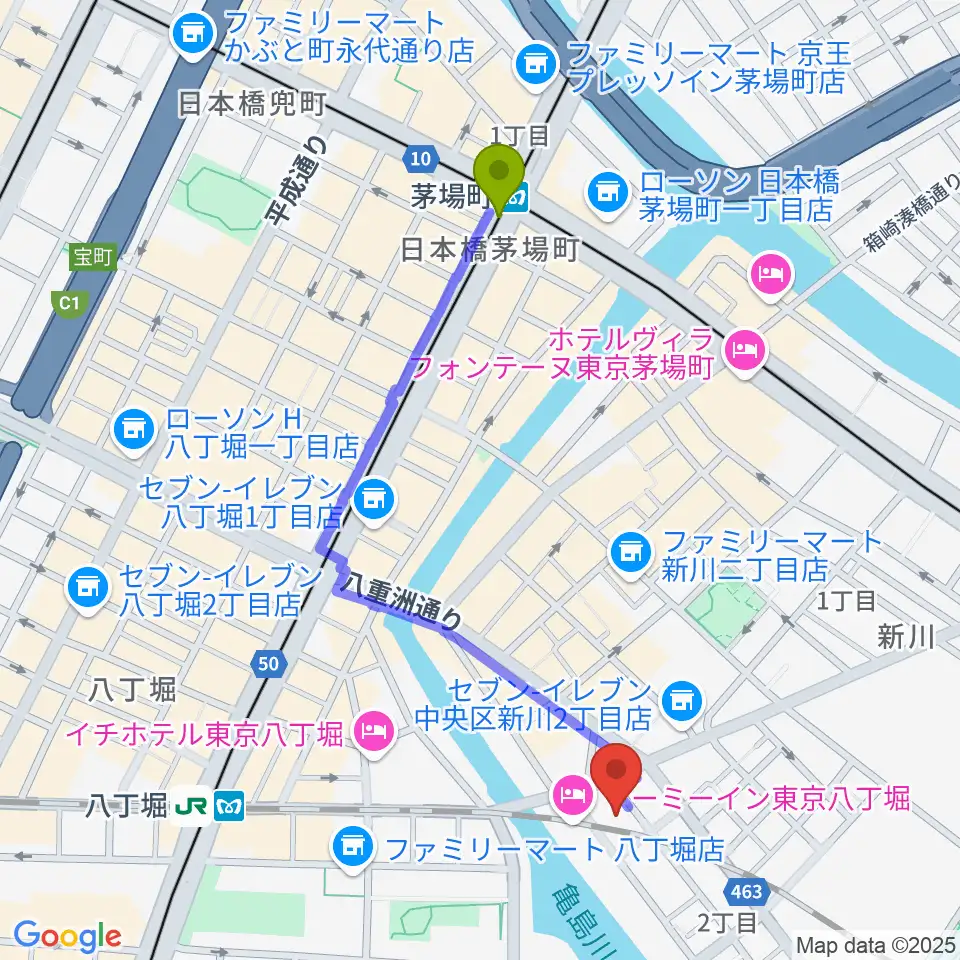 茅場町駅からy-music-companyへのルートマップ地図