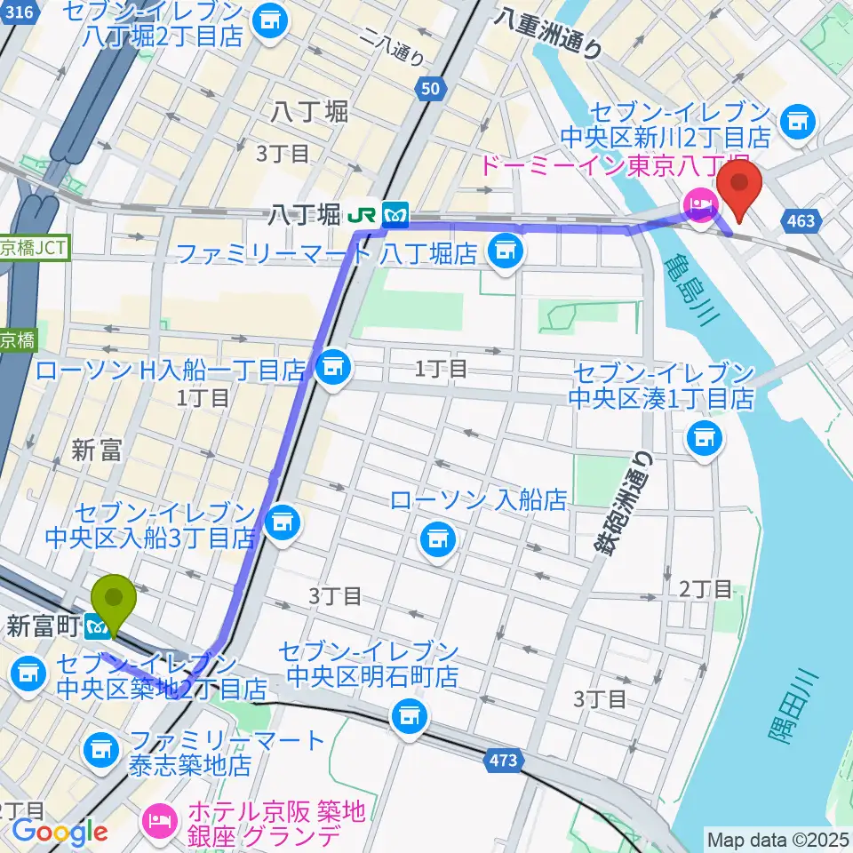 新富町駅からy-music-companyへのルートマップ地図
