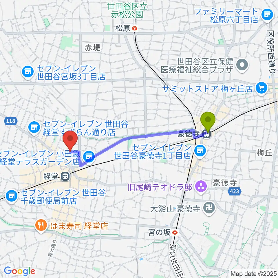 豪徳寺駅から三味線亀屋邦楽器へのルートマップ地図