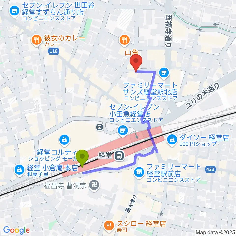 三味線亀屋邦楽器の最寄駅経堂駅からの徒歩ルート（約4分）地図