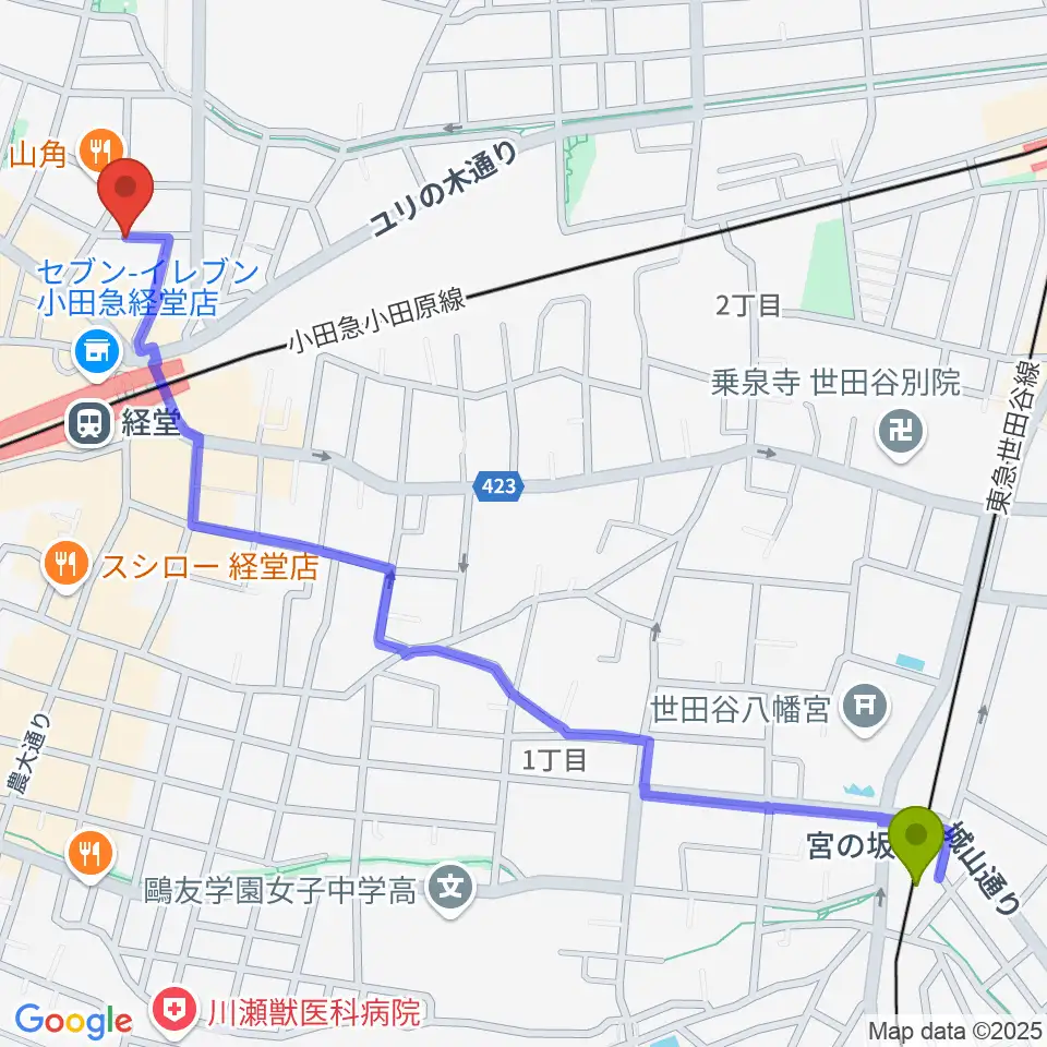 宮の坂駅から三味線亀屋邦楽器へのルートマップ地図