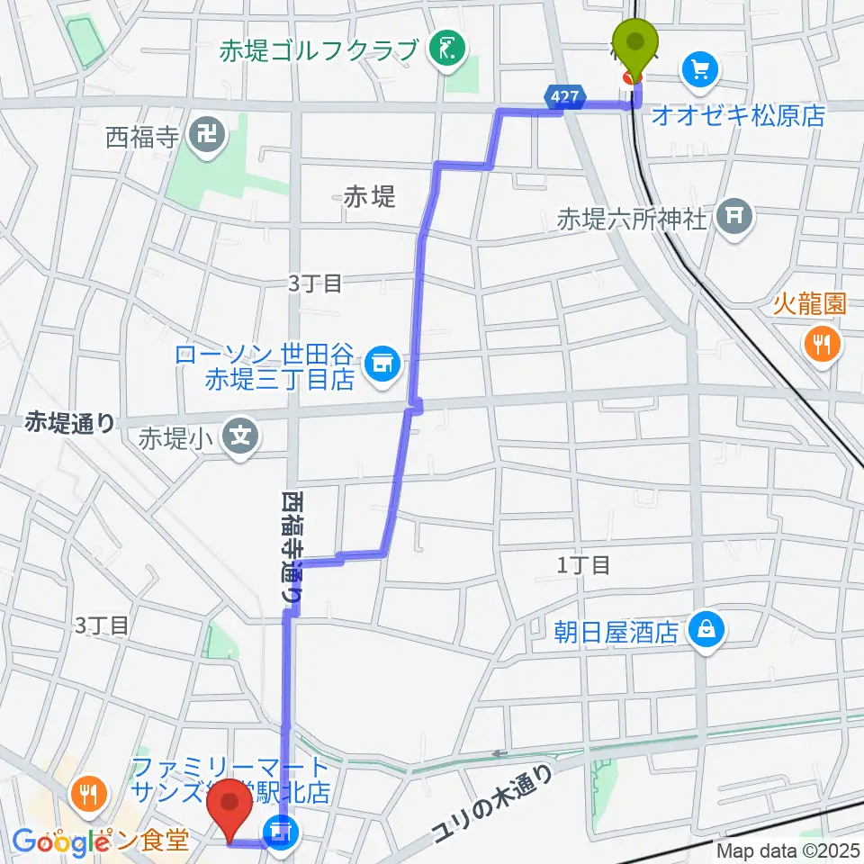 松原駅から三味線亀屋邦楽器へのルートマップ地図