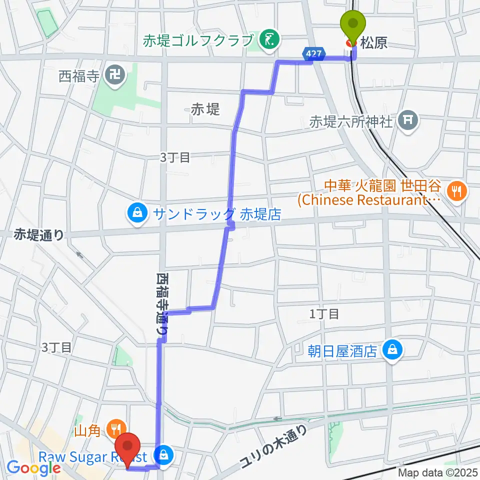 松原駅から三味線亀屋邦楽器へのルートマップ地図