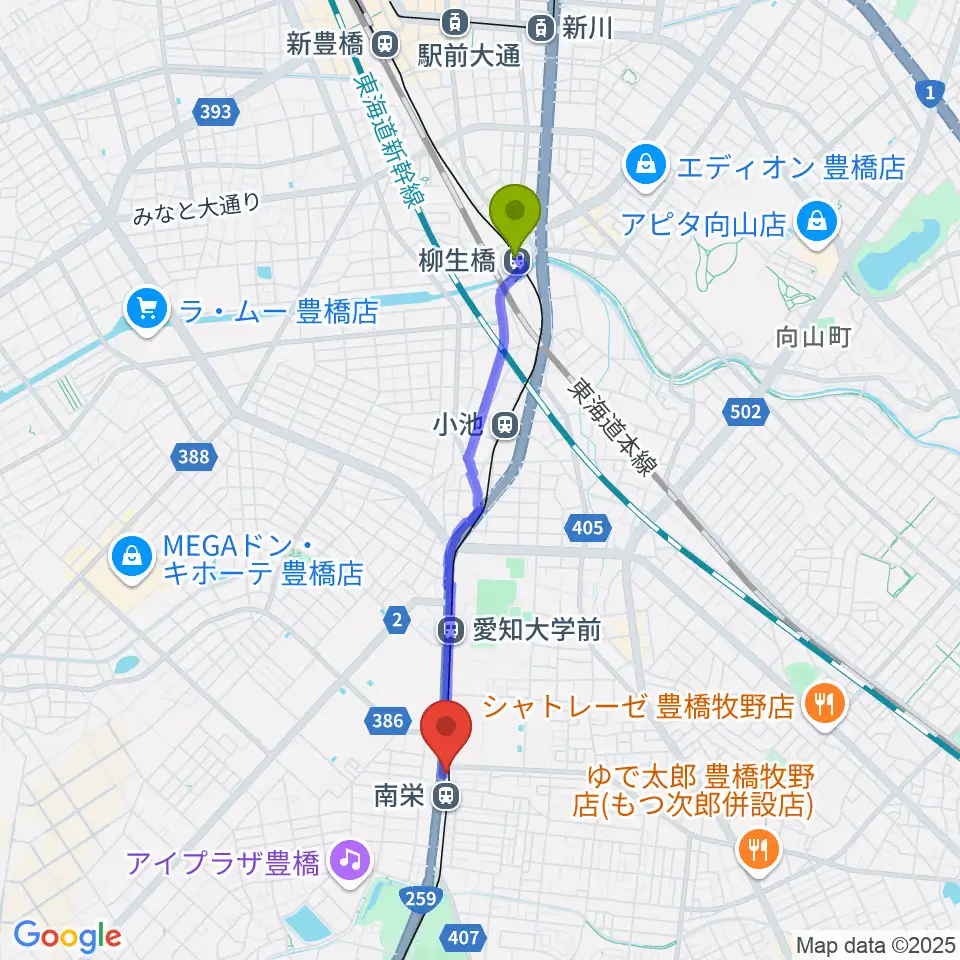 柳生橋駅からシライミュージックへのルートマップ地図