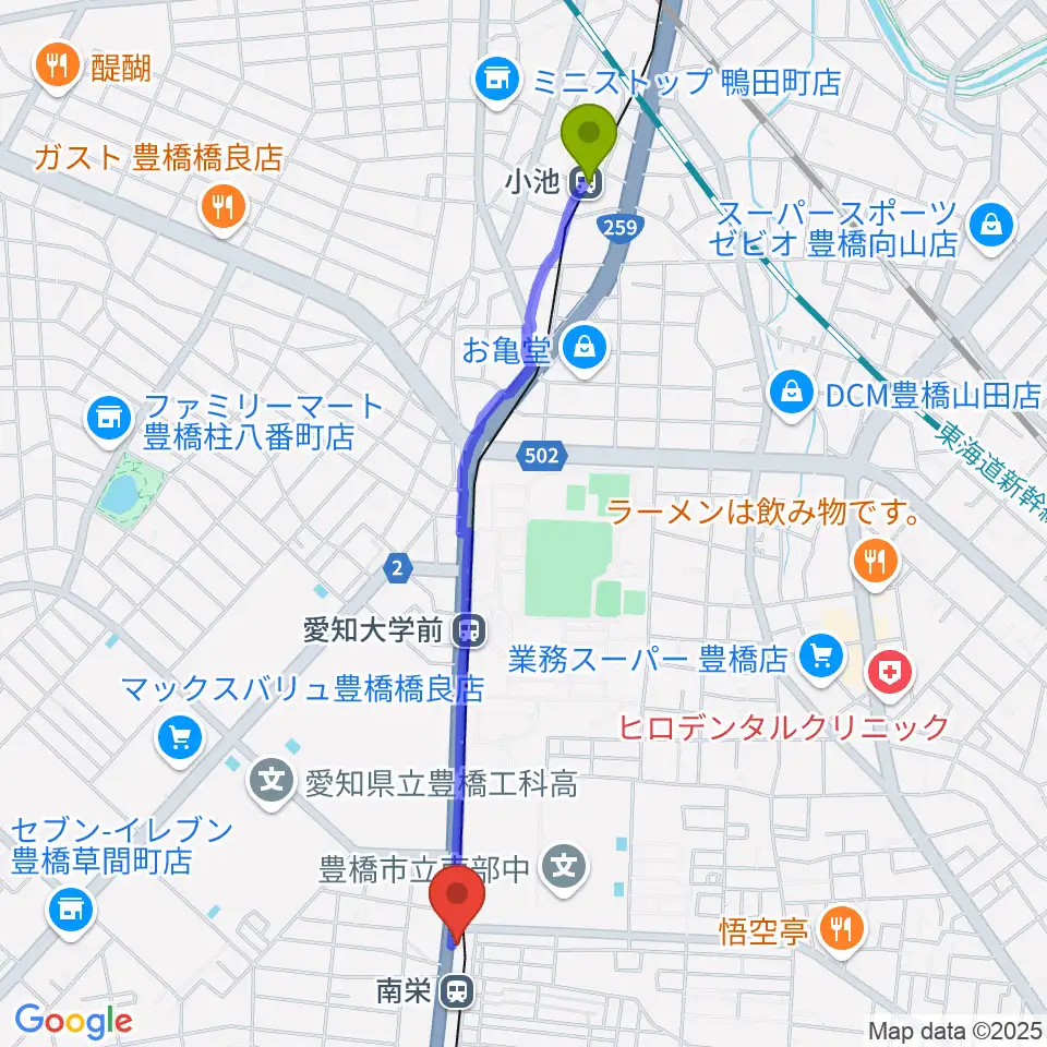 小池駅からシライミュージックへのルートマップ地図