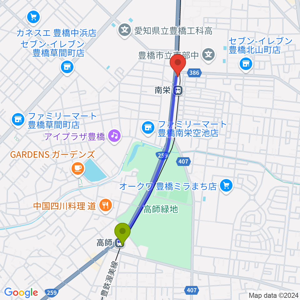 高師駅からシライミュージックへのルートマップ地図