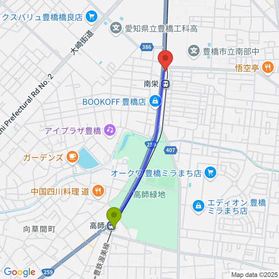 高師駅からシライミュージックへのルートマップ地図