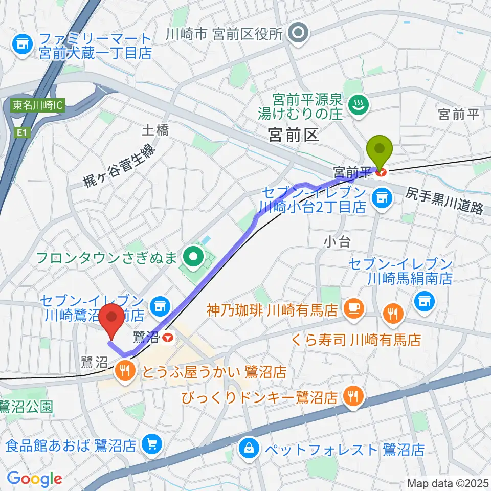 宮前平駅からピアノ・レッスン フィヤージュへのルートマップ地図