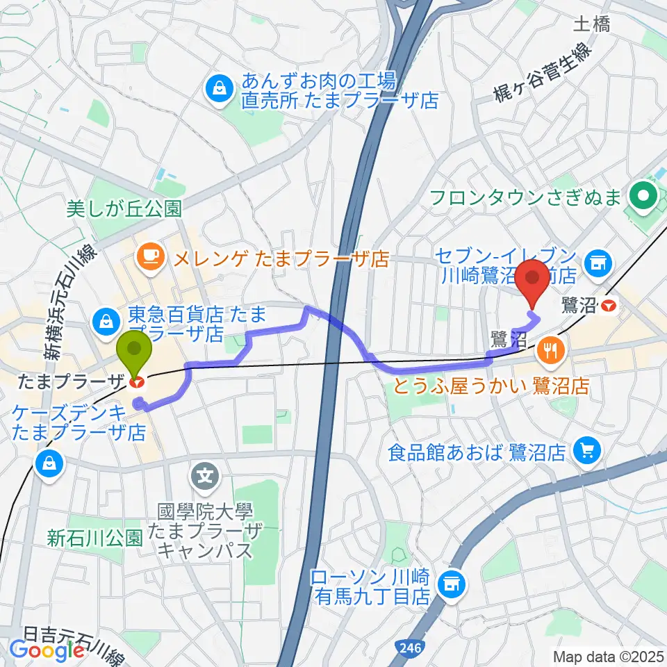 たまプラーザ駅からピアノ・レッスン フィヤージュへのルートマップ地図