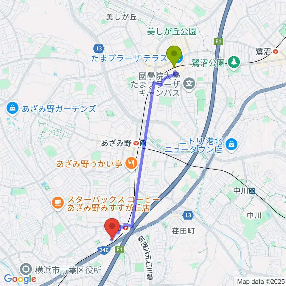 たまプラーザ駅から音気楽工房へのルートマップ地図