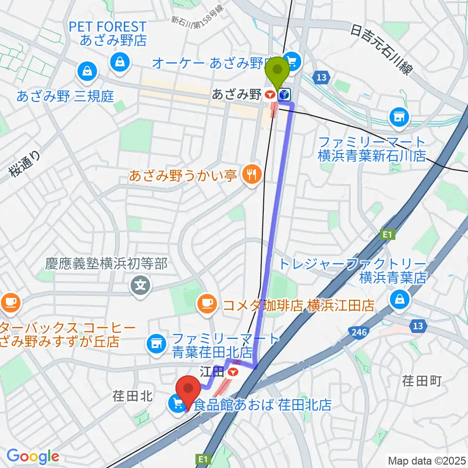 あざみ野駅から音気楽工房へのルートマップ地図