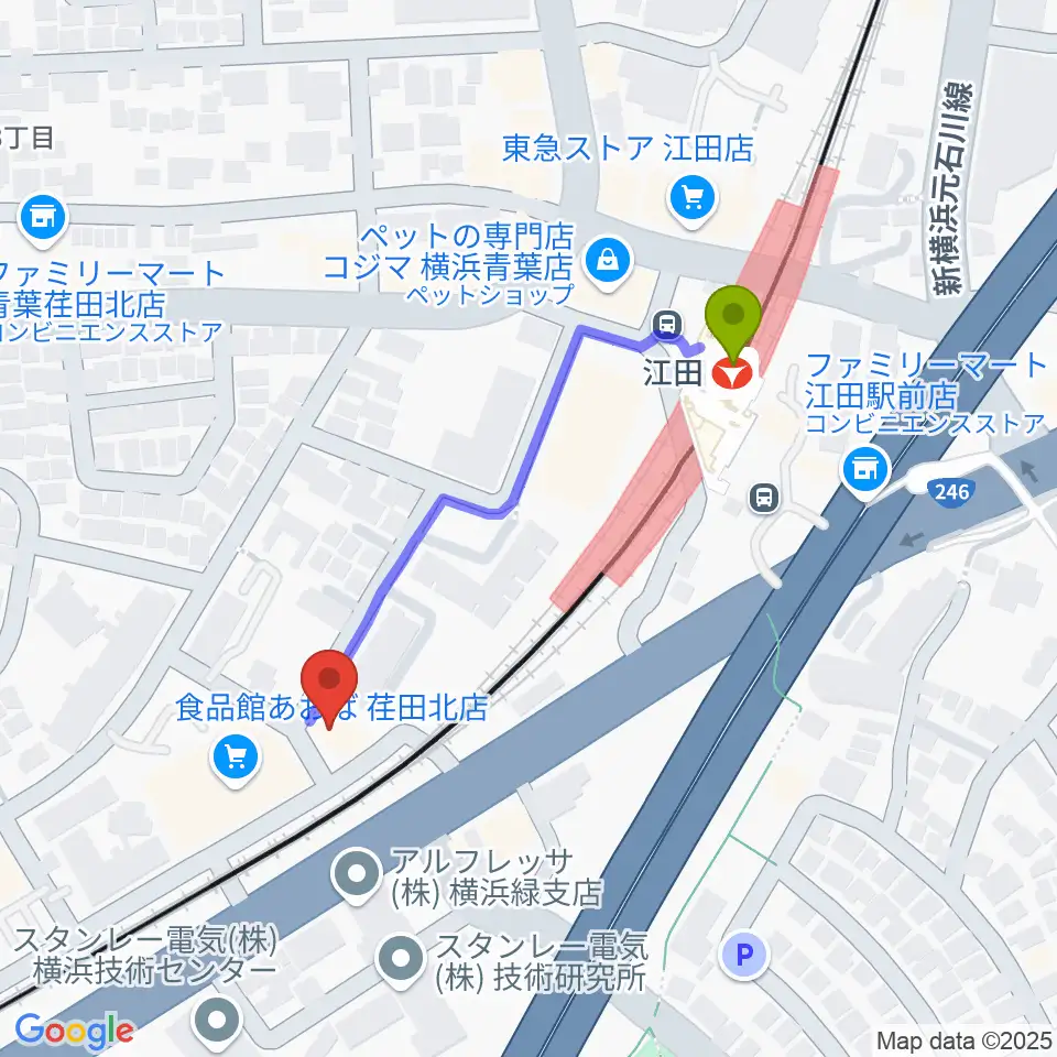 音気楽工房の最寄駅江田駅からの徒歩ルート（約4分）地図