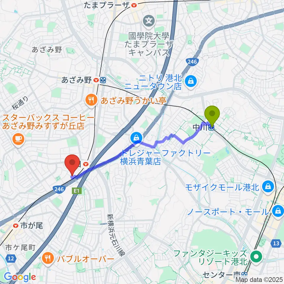 中川駅から音気楽工房へのルートマップ地図