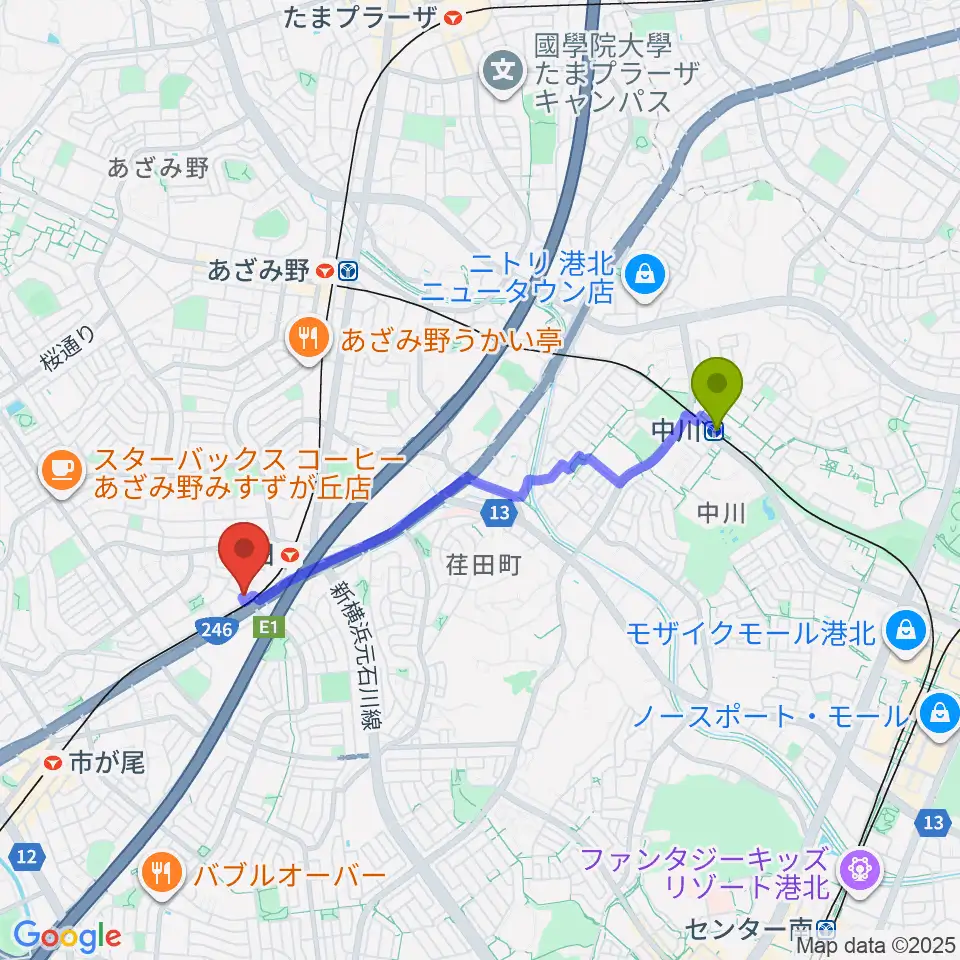 中川駅から音気楽工房へのルートマップ地図