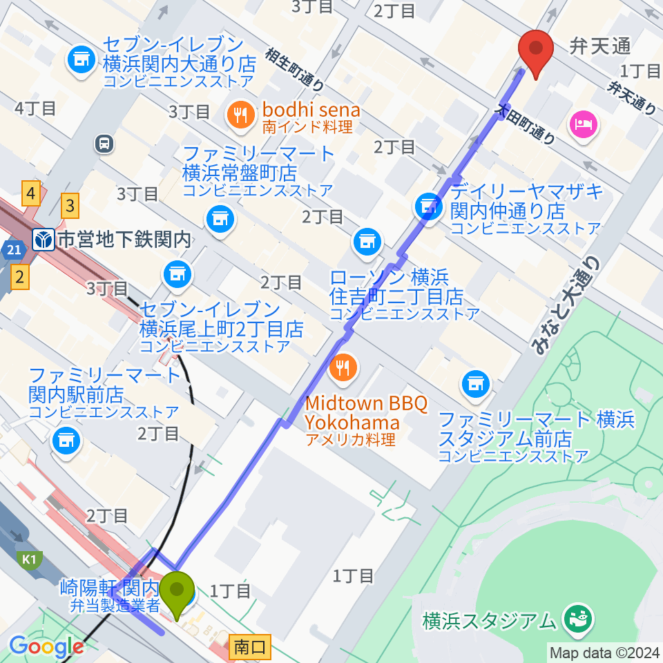 関内駅からA.B.SMILEへのルートマップ地図