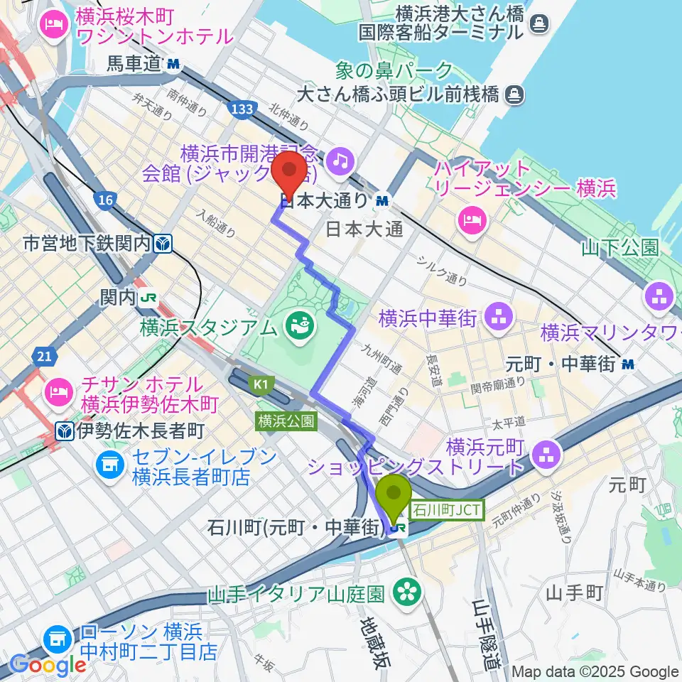 石川町駅からA.B.SMILEへのルートマップ地図
