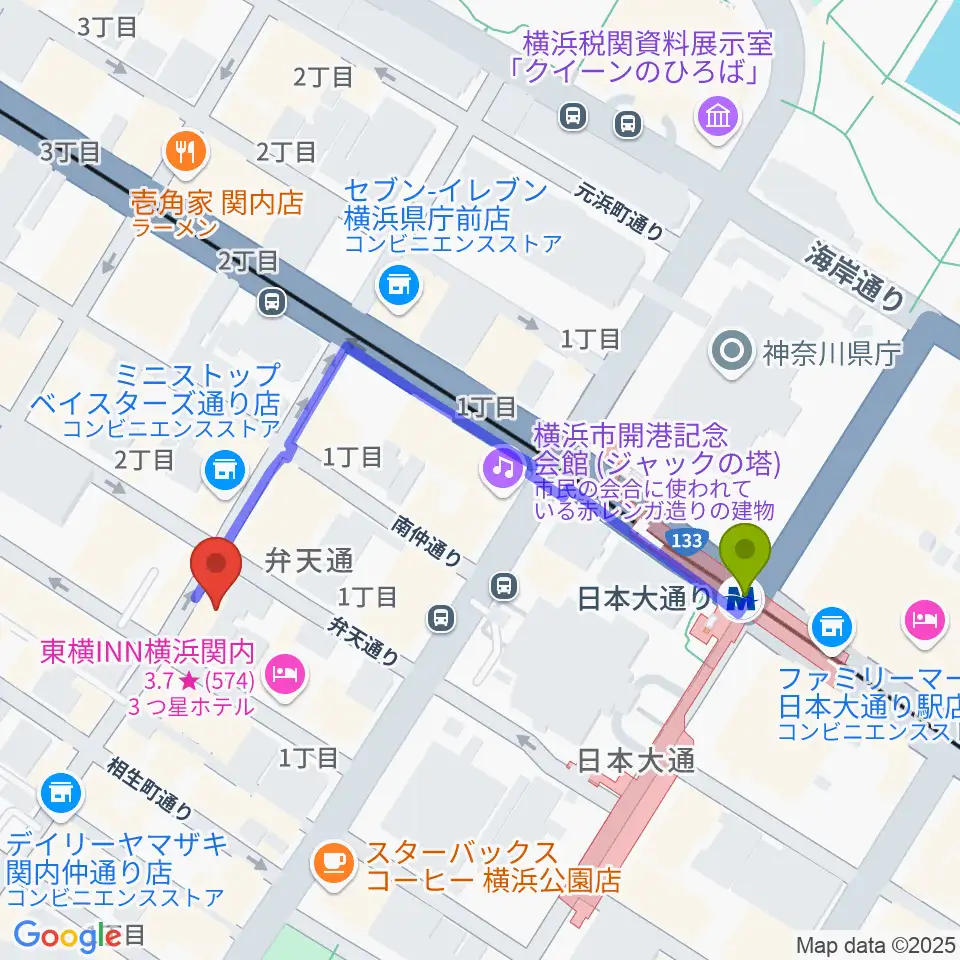 A.B.SMILEの最寄駅日本大通り駅からの徒歩ルート（約4分）地図