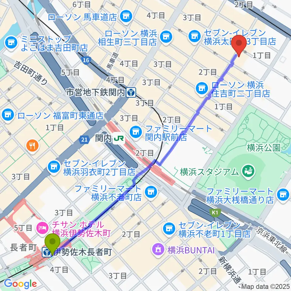 伊勢佐木長者町駅からA.B.SMILEへのルートマップ地図