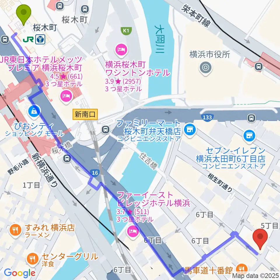 桜木町駅から横浜エアジンへのルートマップ地図