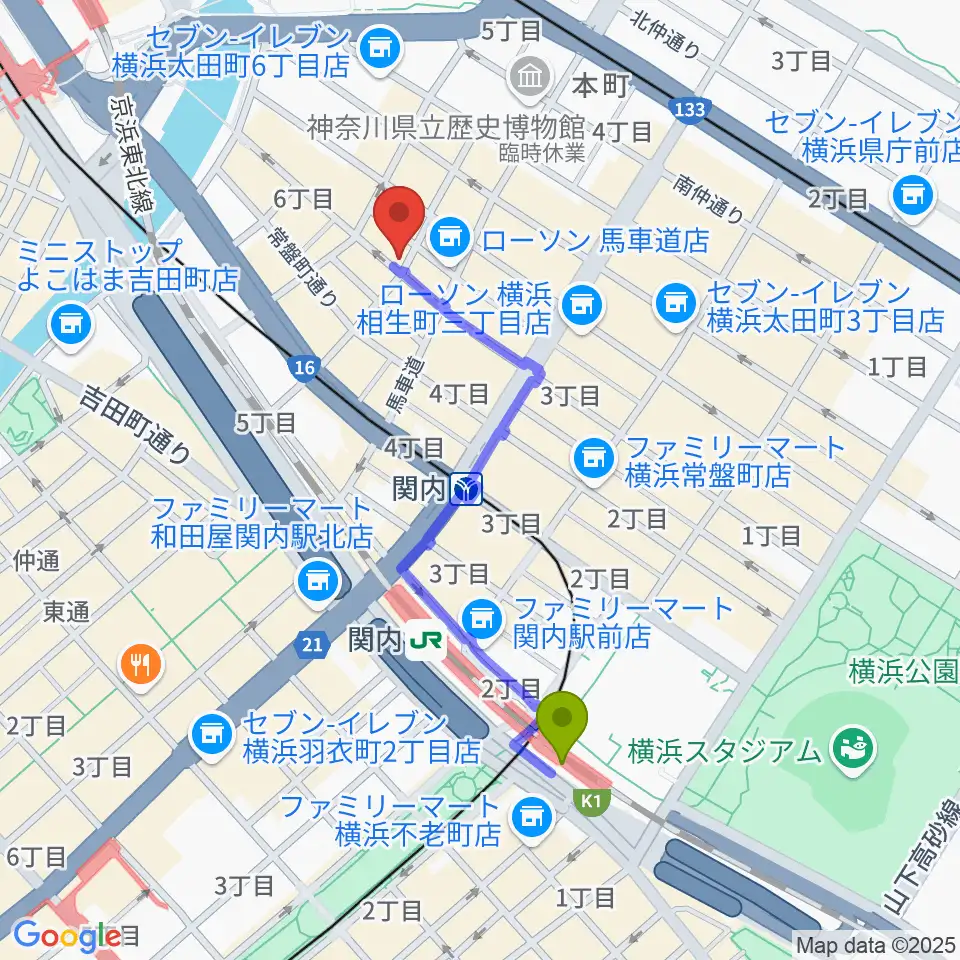 関内駅から横浜エアジンへのルートマップ地図