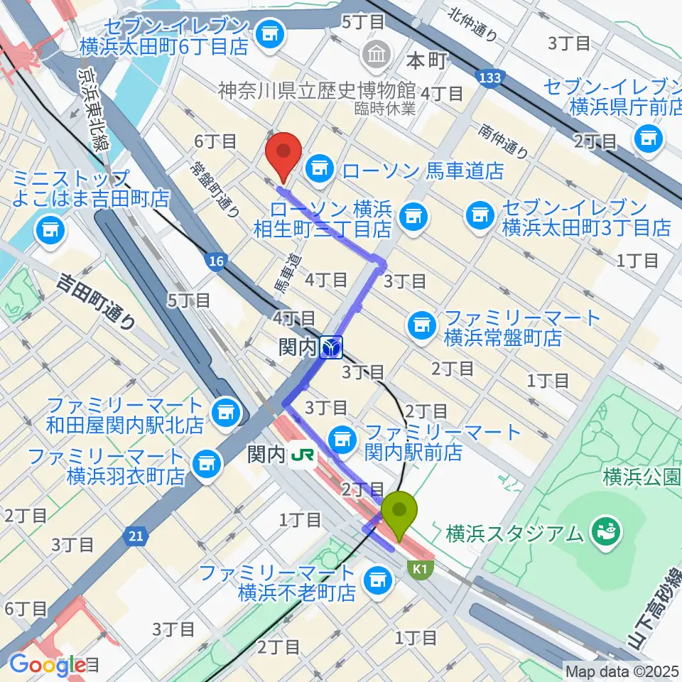 関内駅から横浜エアジンへのルートマップ地図