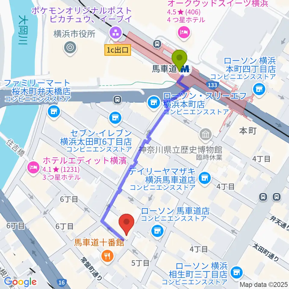 横浜エアジンの最寄駅馬車道駅からの徒歩ルート（約5分）地図