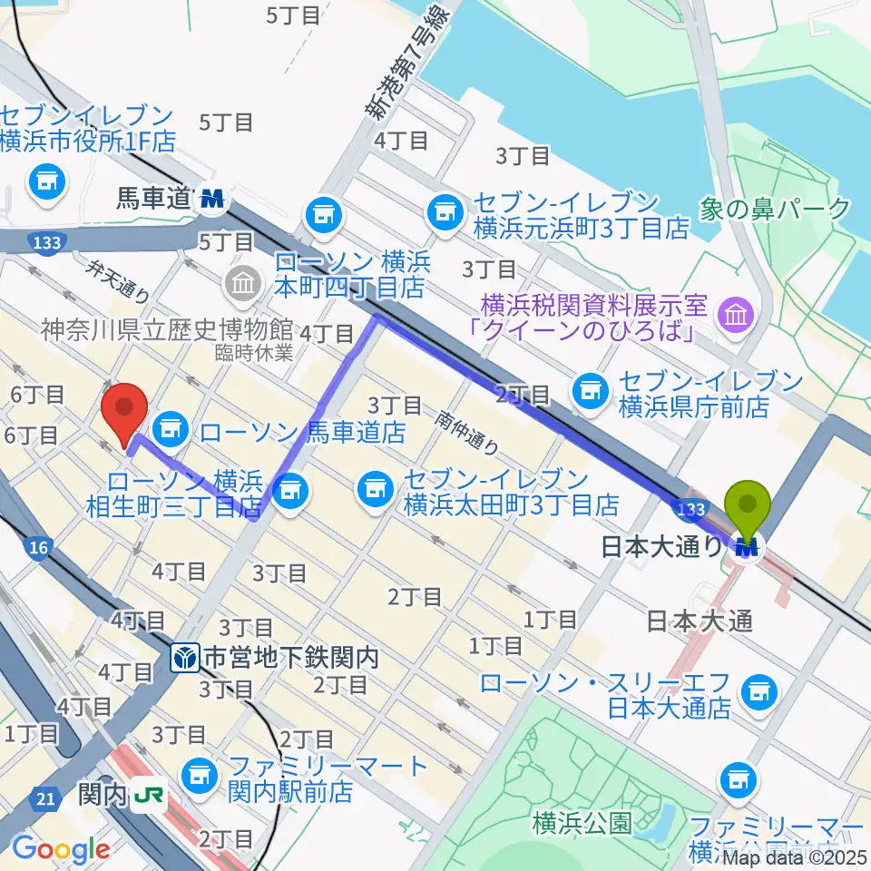 日本大通り駅から横浜エアジンへのルートマップ地図