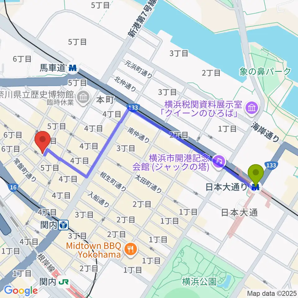 日本大通り駅から横浜エアジンへのルートマップ地図