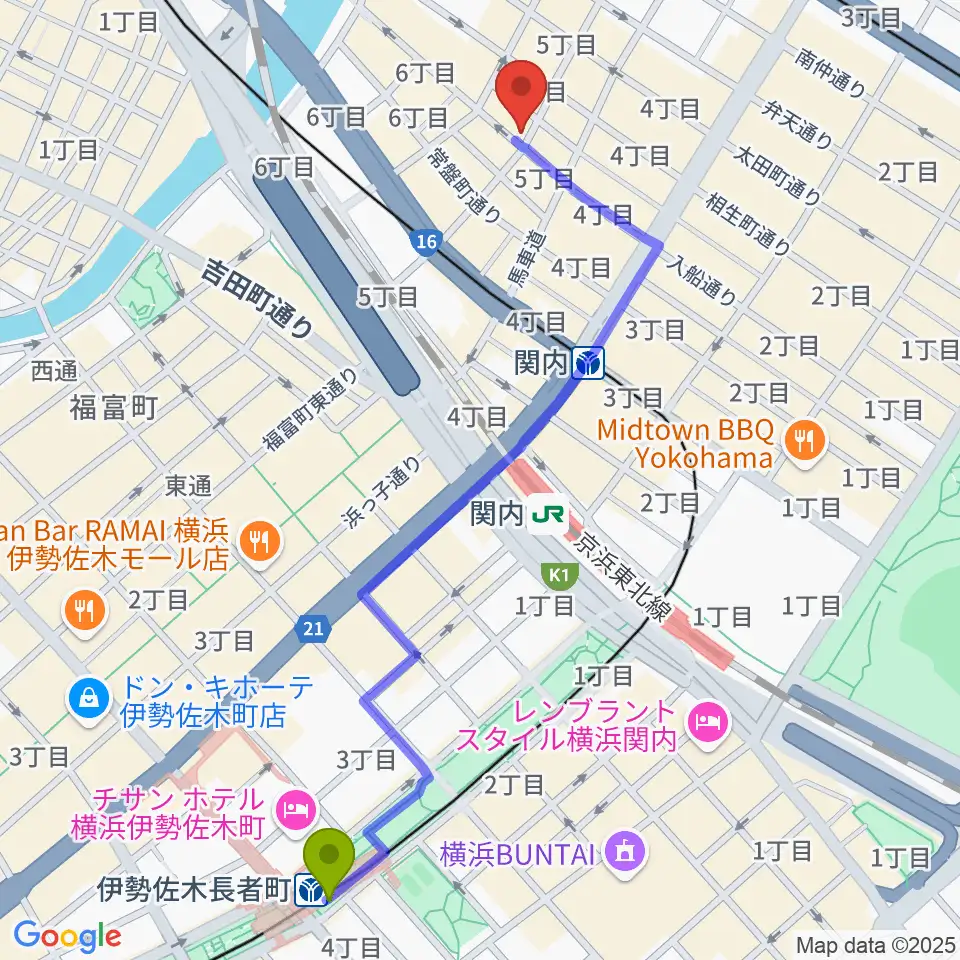 伊勢佐木長者町駅から横浜エアジンへのルートマップ地図