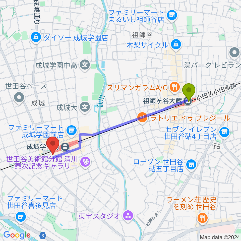 祖師ヶ谷大蔵駅からアミーズボーカルスクール成城学園前校へのルートマップ地図