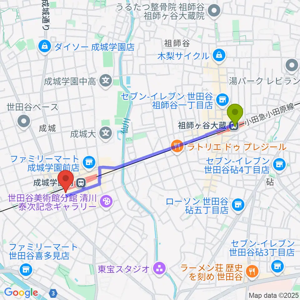 祖師ヶ谷大蔵駅からアミーズボーカルスクール成城学園前校へのルートマップ地図