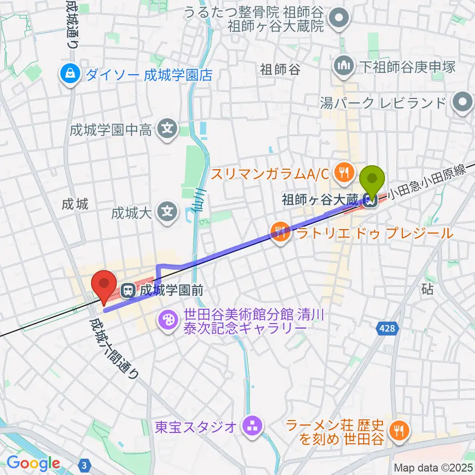 祖師ヶ谷大蔵駅からアミーズボーカルスクール成城学園前校へのルートマップ地図
