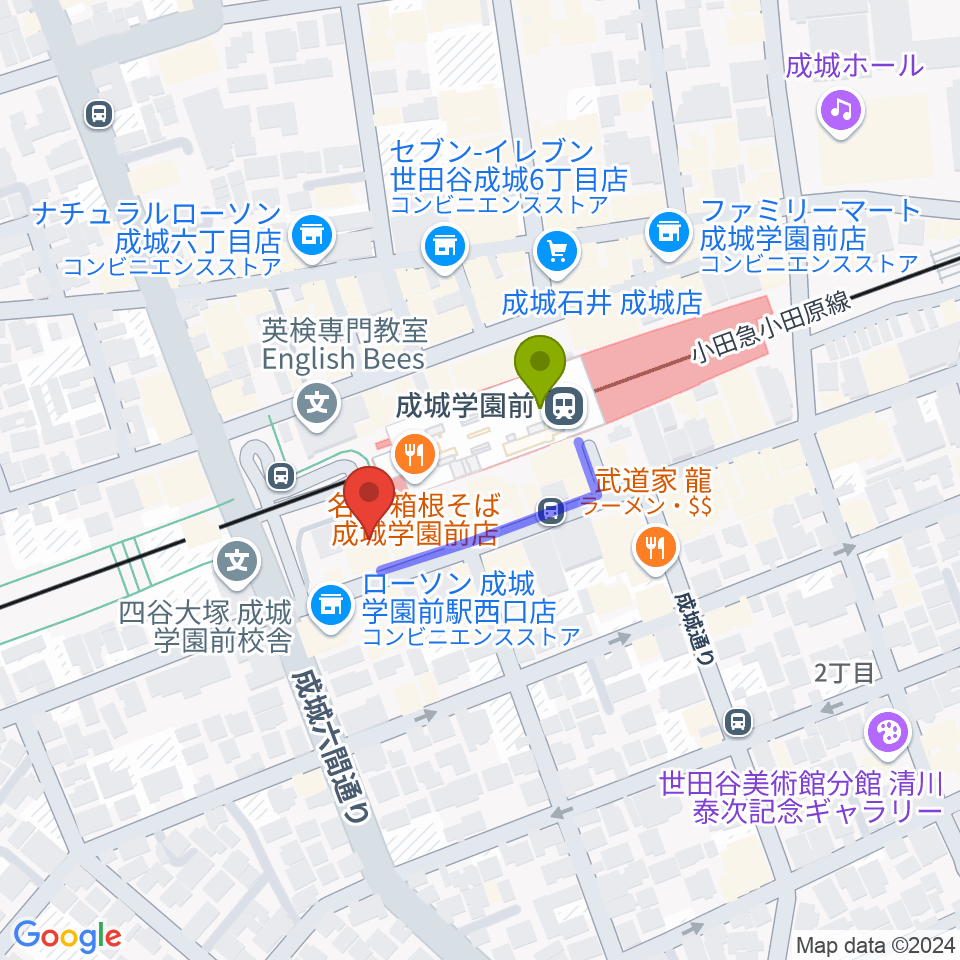 アミーズボーカルスクール成城学園前校の最寄駅成城学園前駅からの徒歩ルート（約2分）地図