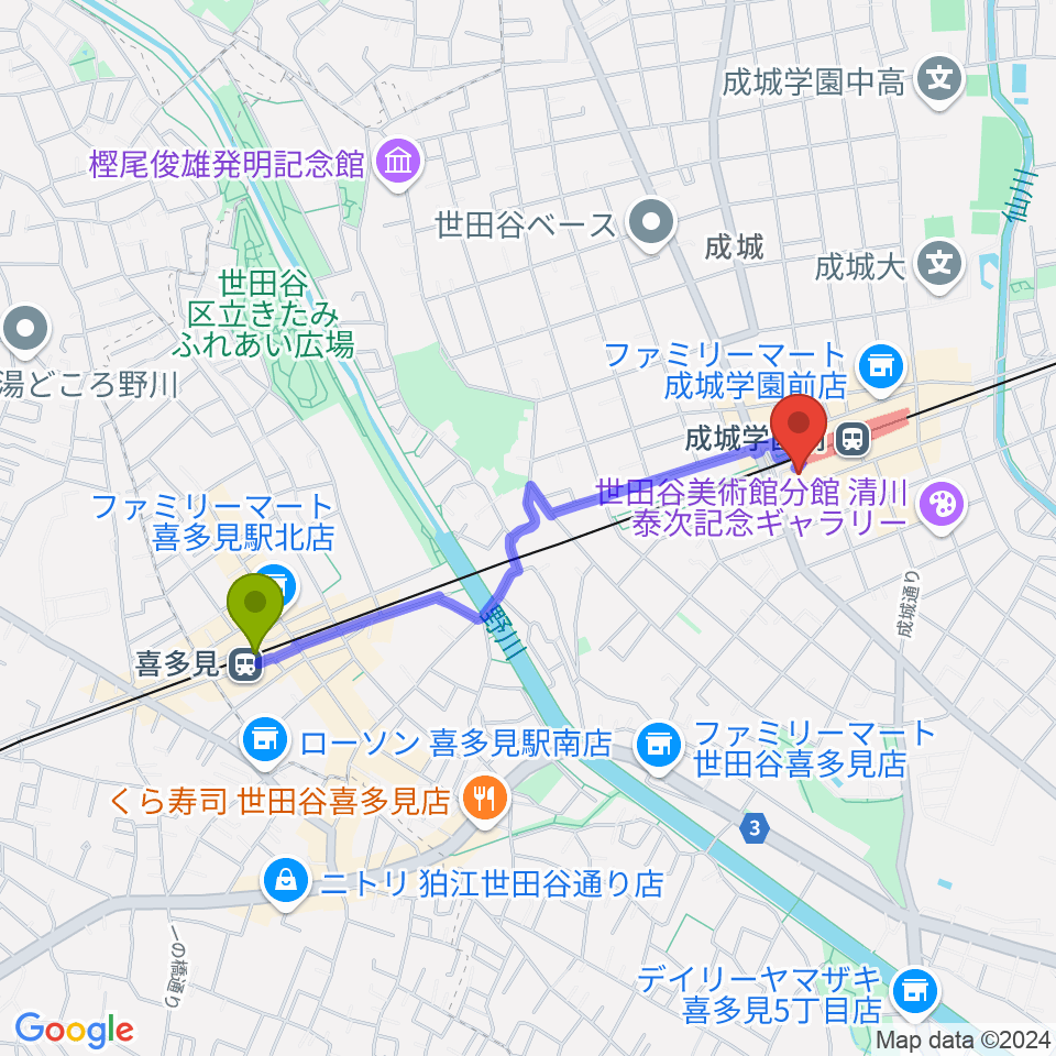 喜多見駅からアミーズボーカルスクール成城学園前校へのルートマップ地図