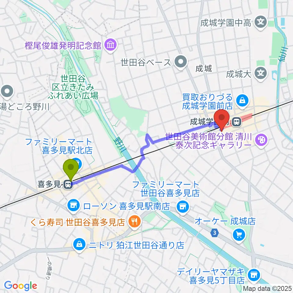 喜多見駅からアミーズボーカルスクール成城学園前校へのルートマップ地図