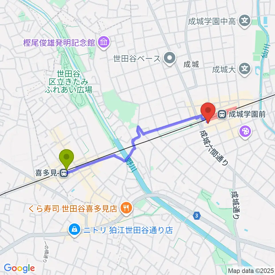 喜多見駅からアミーズボーカルスクール成城学園前校へのルートマップ地図