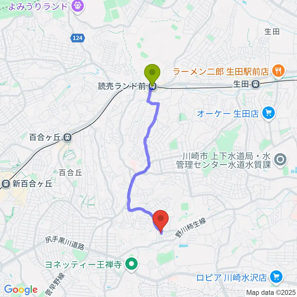 読売ランド前駅から田畑ピアノ教室へのルートマップ地図