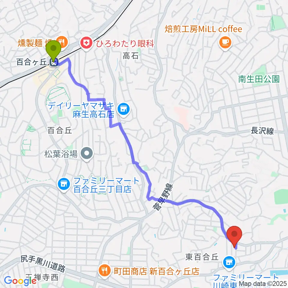 田畑ピアノ教室の最寄駅百合ヶ丘駅からの徒歩ルート（約28分）地図